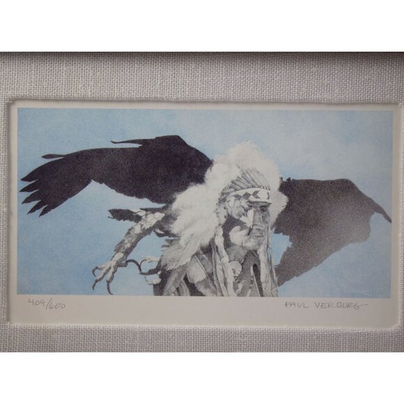 Paul VerBurg Signed Plains Indian Chief & Eagle Framed Print 409/600 - Picture 2 of 7